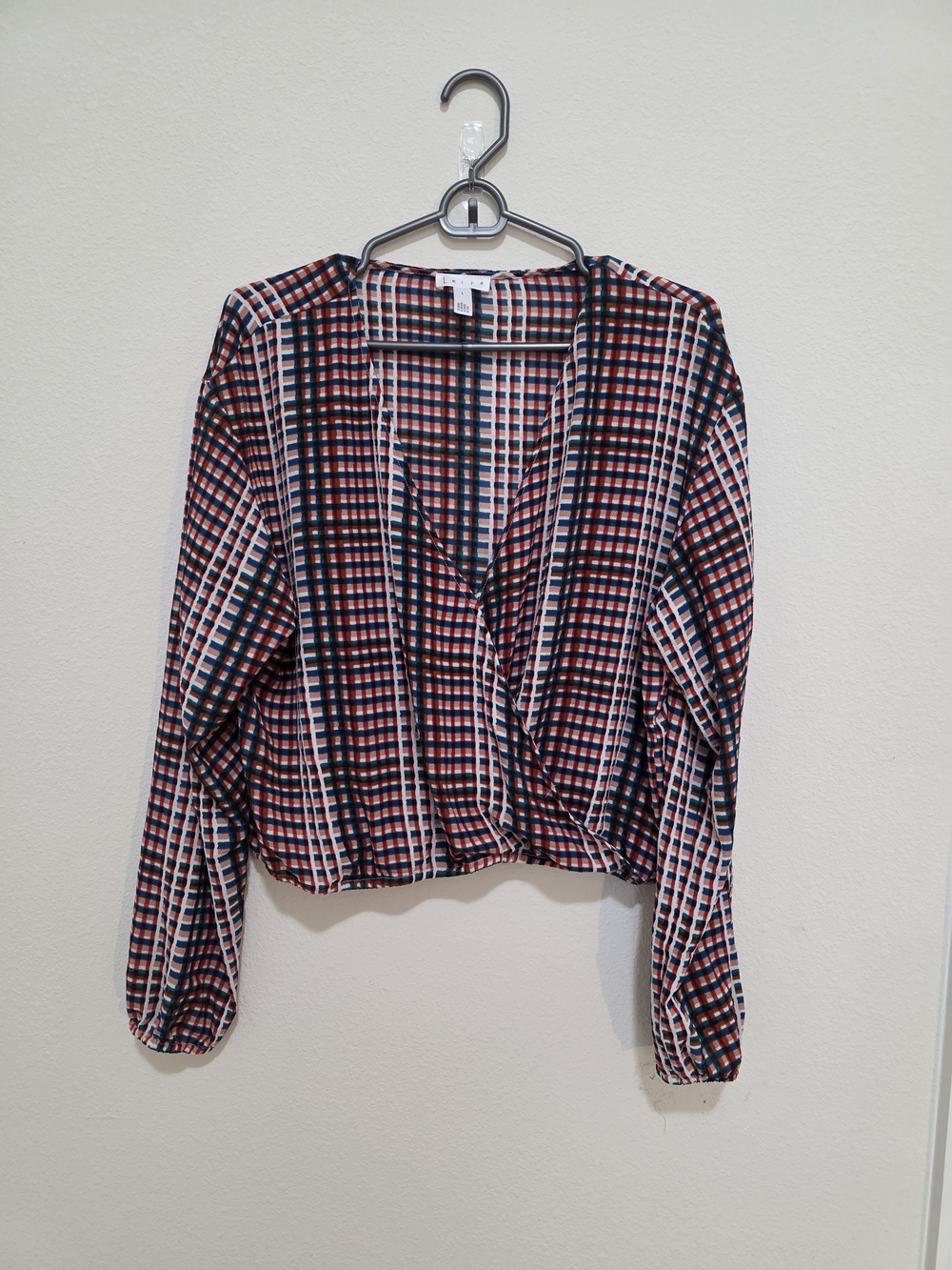 Leith Red and Blue Plaid Wrap Blouse